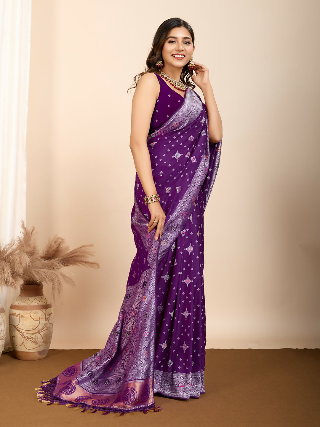 Purple Soft Silk Woven Meenakari Designer Saree - Vedanti