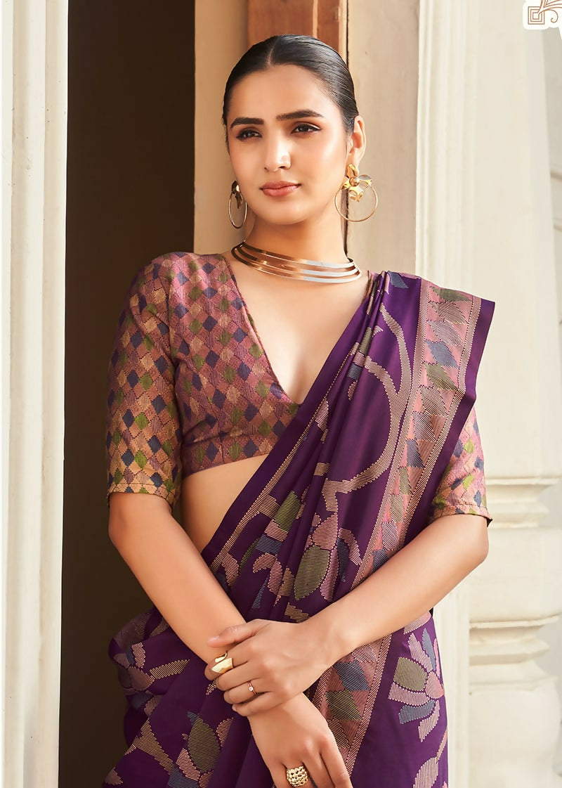 Monjolika Fashion Silk Blend Purple Printed Saree - Distacart