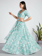 House of Panchhi Turquoise Blue Organza Sequins, Zarkan And Thread Embroidery Lehenga Choli & Dupatta