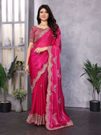 Vastranavya Pink Embroidery Work Shimmer Chiffon Saree with Unstitched Blouse - Distacart