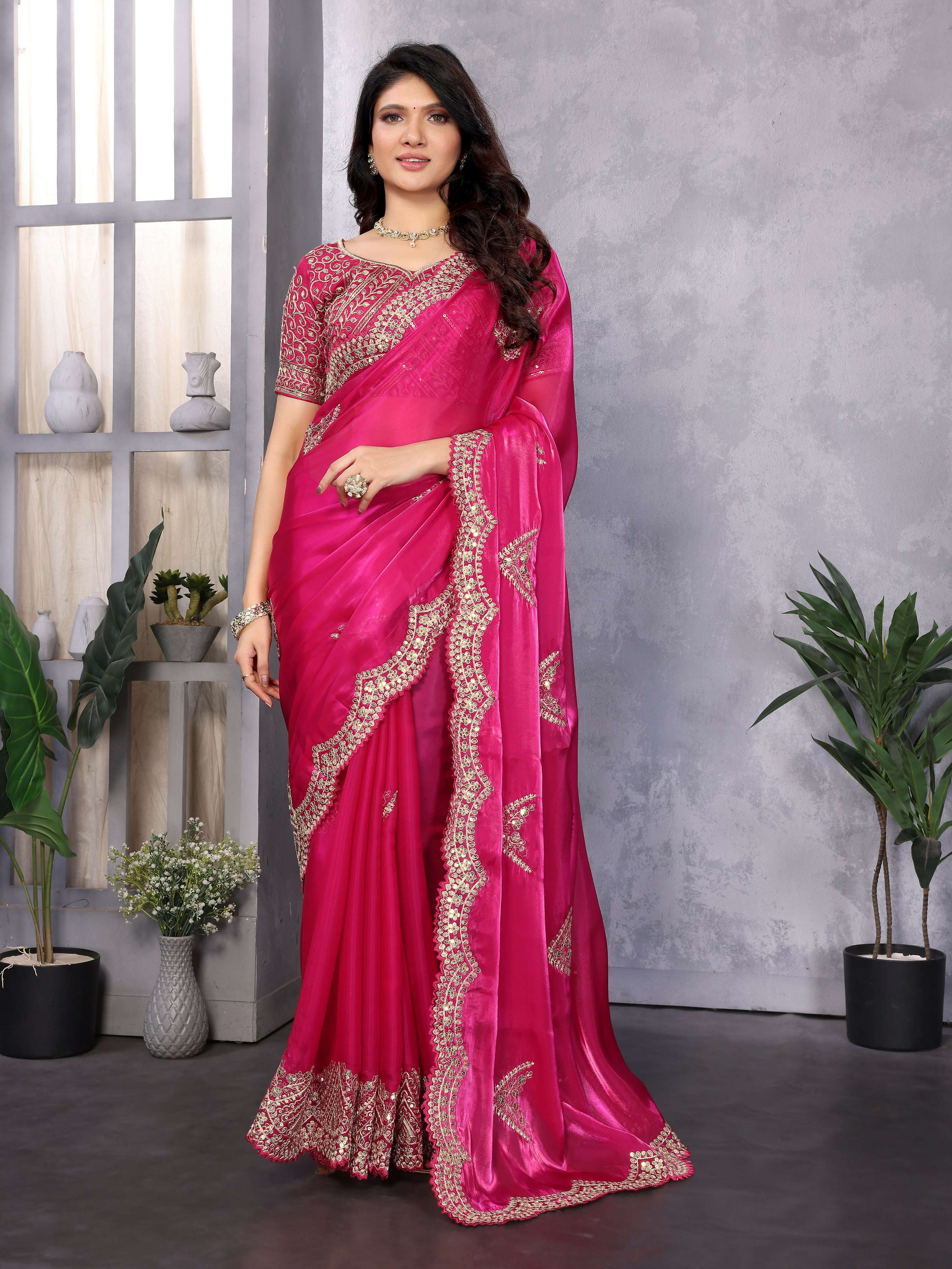 Vastranavya Pink Embroidery Work Shimmer Chiffon Saree with Unstitched Blouse - Distacart