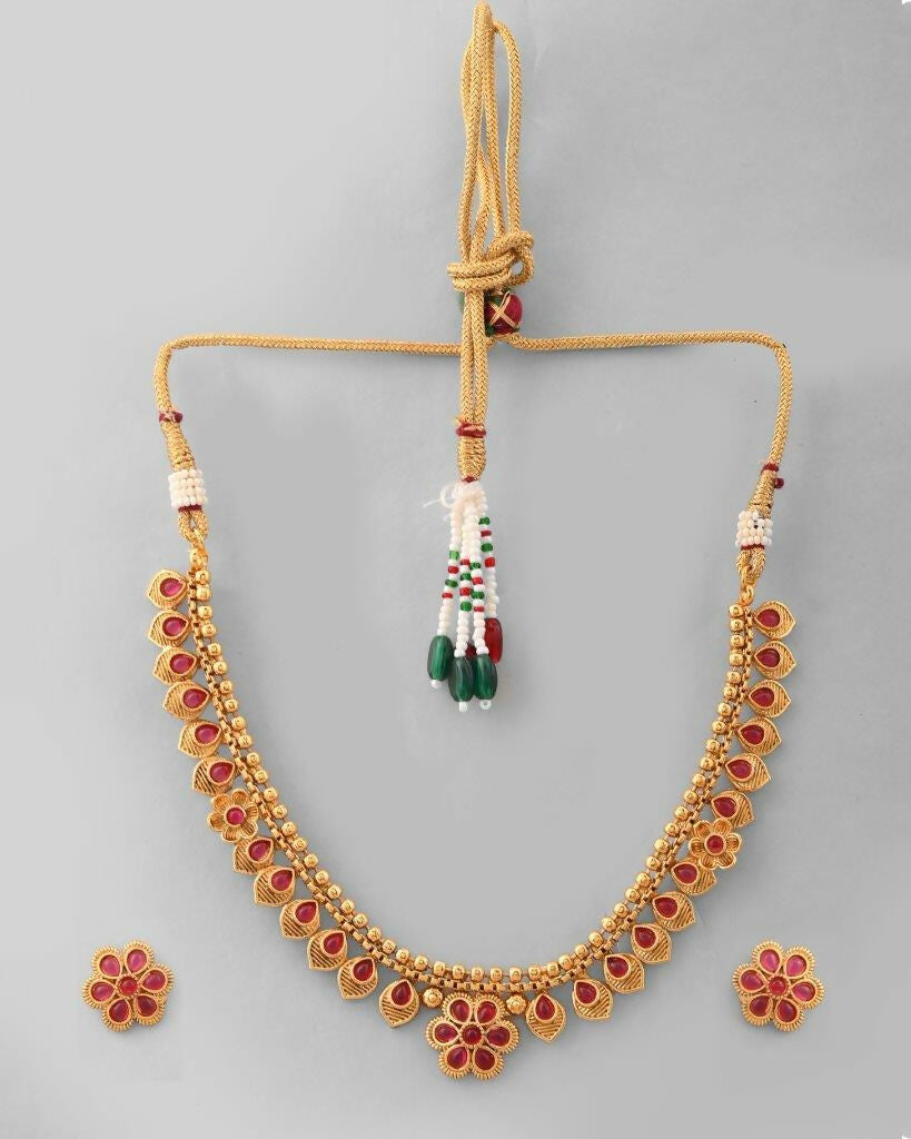VOJ Gold-Polished Flower Shaped Ruby Stone Studded Jewellery Set