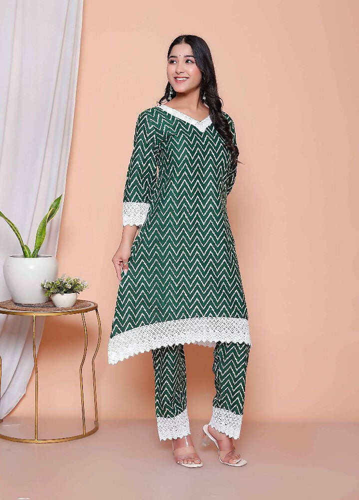 Miravan Womens Green Rayon Zigzag Print Kurta With Palazzo Set - Distacart