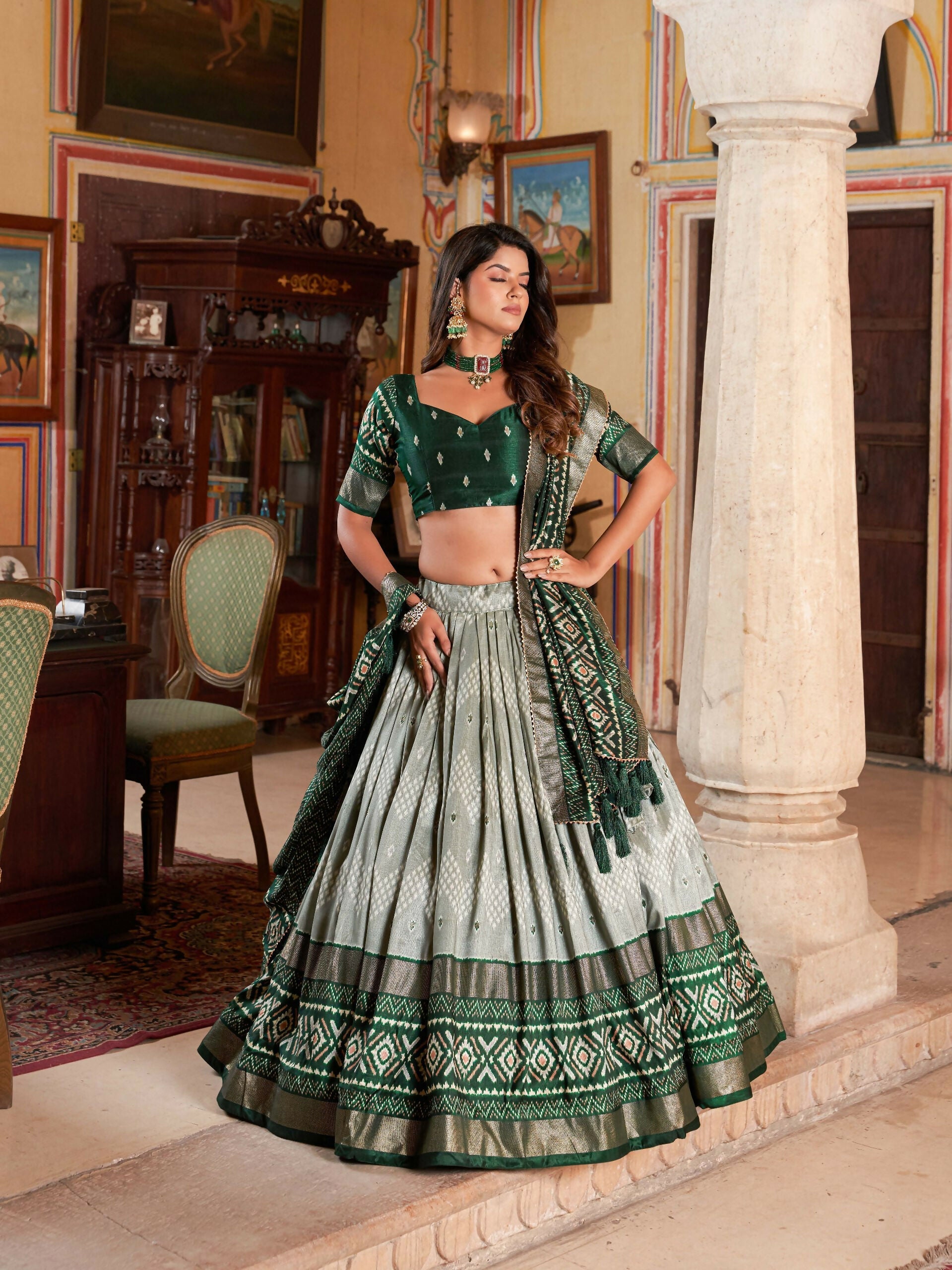 Vastranavya Occasionaly Tussar Silk Dot And Ikkat Print With Foil Work Lehenga Choli - Green