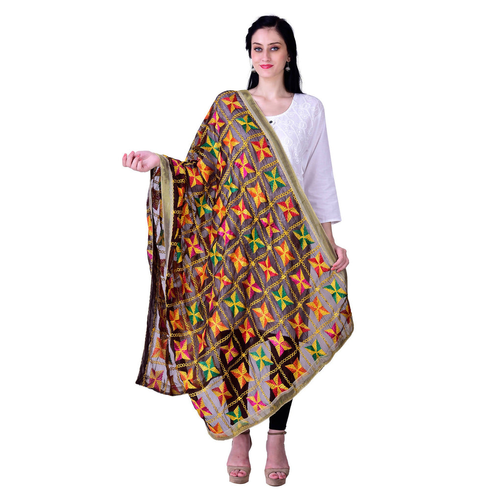 SWI Stylish Embroidered Phulkari Chiffon Coffee Color Dupatta