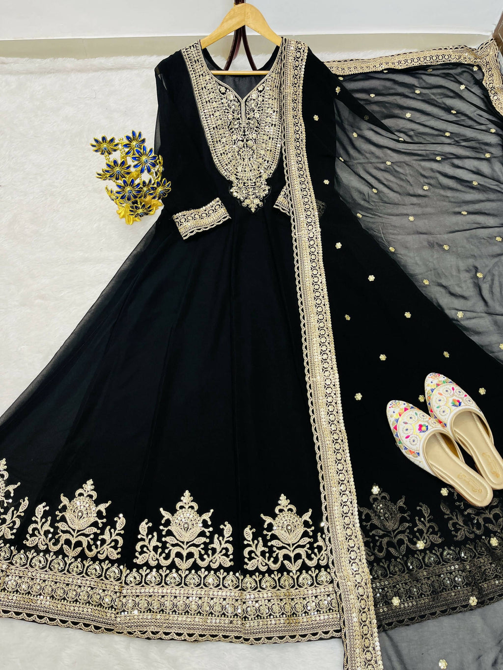 Teeya Creation Black Color Faux Georgette Embroidery Work Long Party Wear Gown