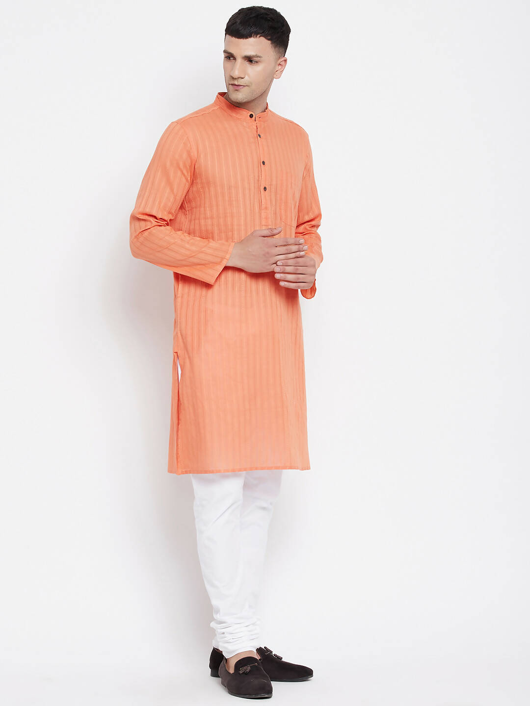 Even Apparels Orange Color Pure Cotton Men's Kurta With Band Collar - Distacart