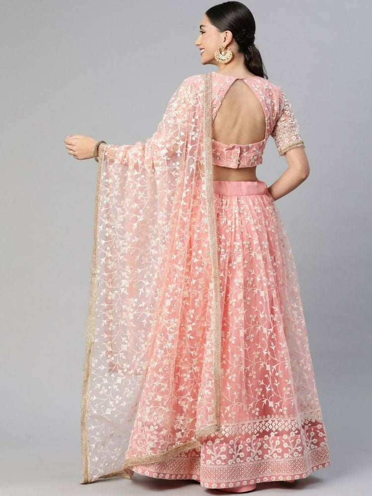 Peach Soft Net Thread Embroidery Work Lehenga Choli - Jihu Culture