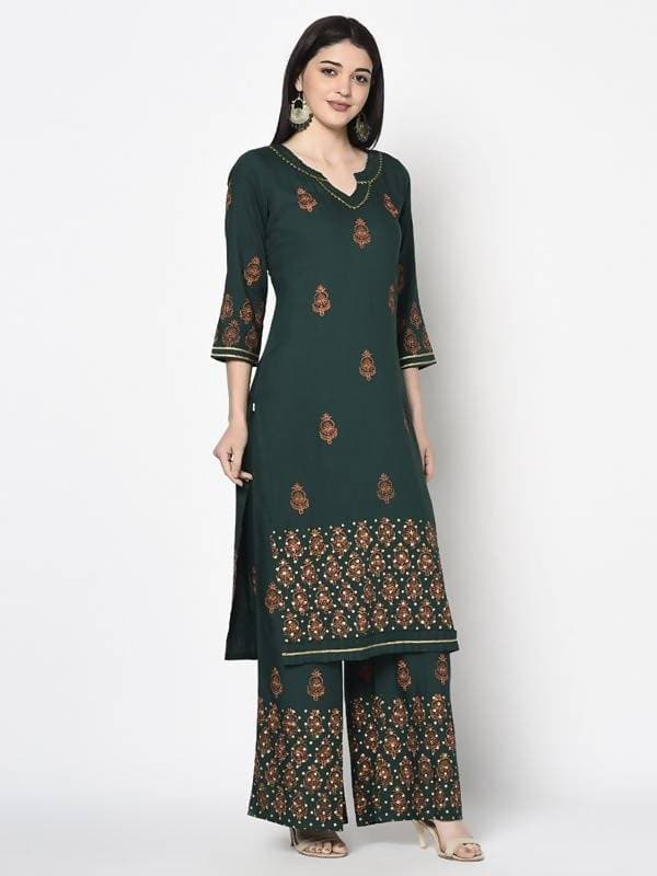 Aniyah Rayon Bottle Green Color Block Print Straight Kurta Palazzo Set (AN-217K)
