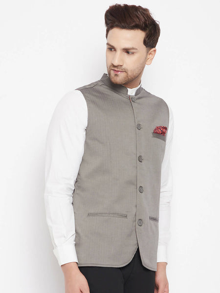 Even Apparels Grey Polyester Men's Nehru Jacket-Contrast Lining-Inbuilt Pocket Square