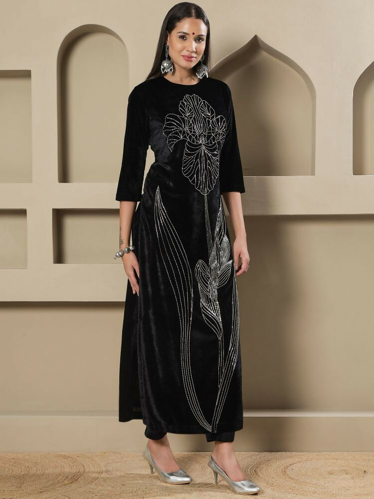 Joban Fashion Women Black Velvet Hand Embellishment Stitched Kurta Set - Distacart