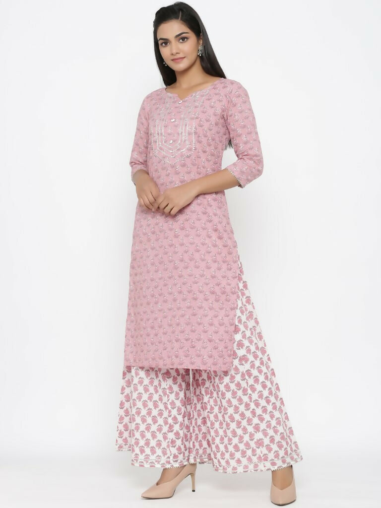 Miravan Women's Cotton Floral Print Straight Kurta And Palazzo Set
