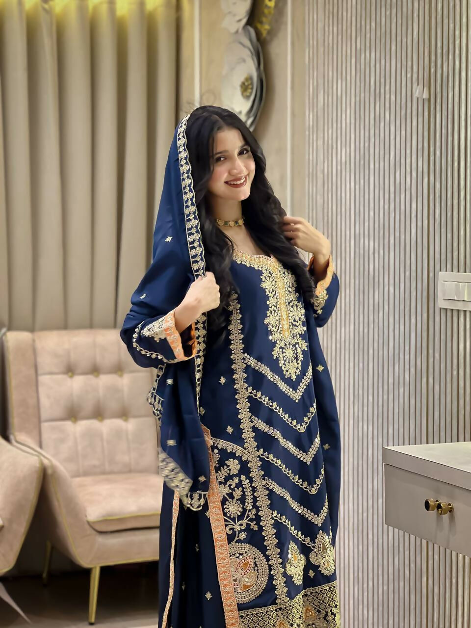 Teeya Creation Blue Color Chinon Silk Party Wear Trending Palazzo Set - Distacart