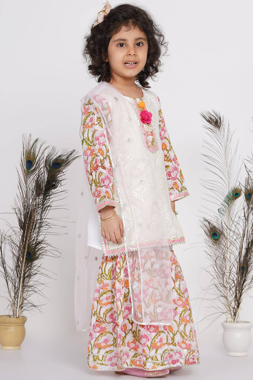 Little Bansi Girls Cotton Floral work Kurta with Floral Sharara & Dupatta - White