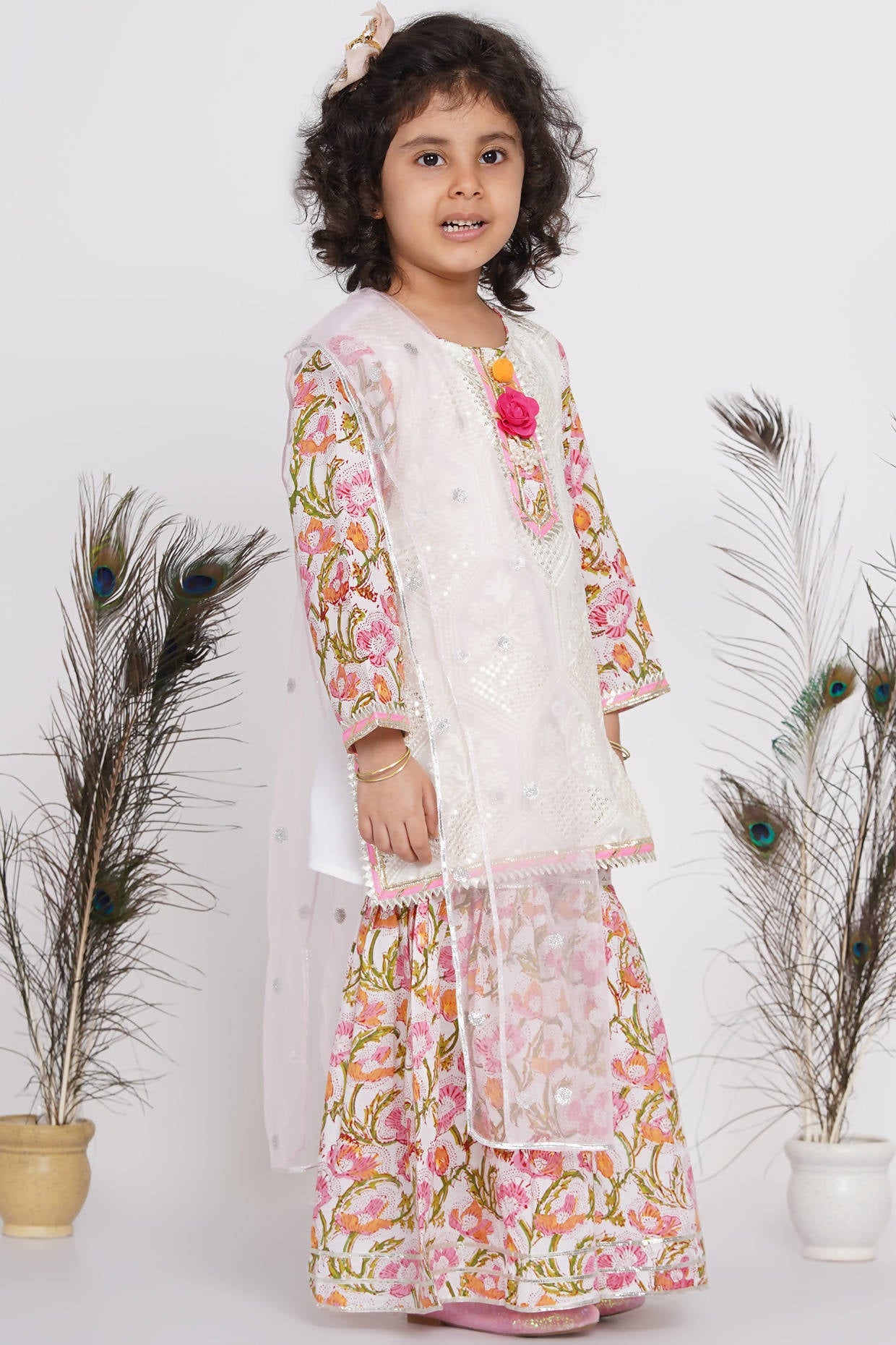 Little Bansi Girls Cotton Floral work Kurta with Floral Sharara & Dupatta - White