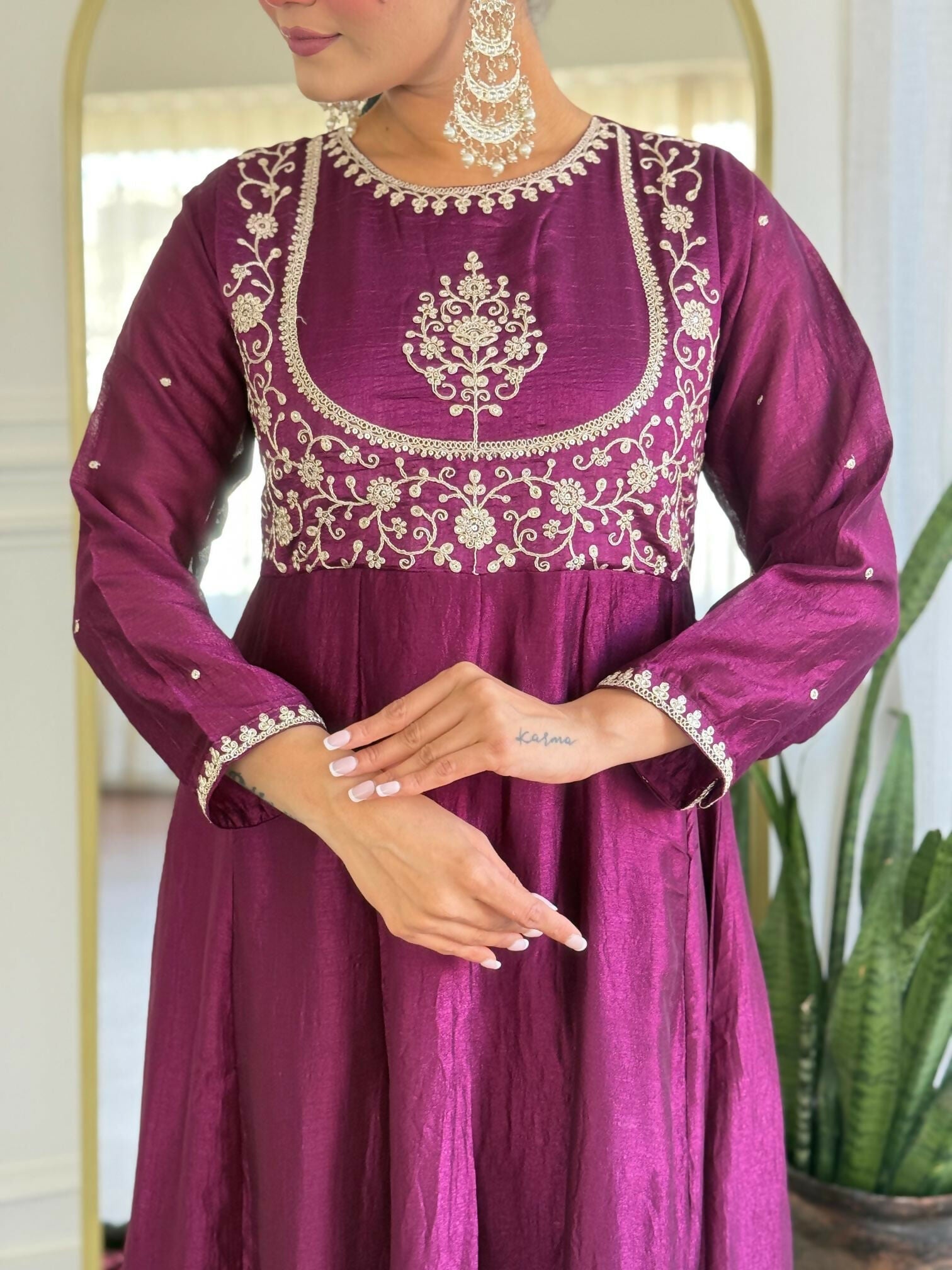 The52 Women's Beautiful Vichitra Silk Fabric Embroidery Work Flared Anarkali Pant and Dupatta Set - Distacart
