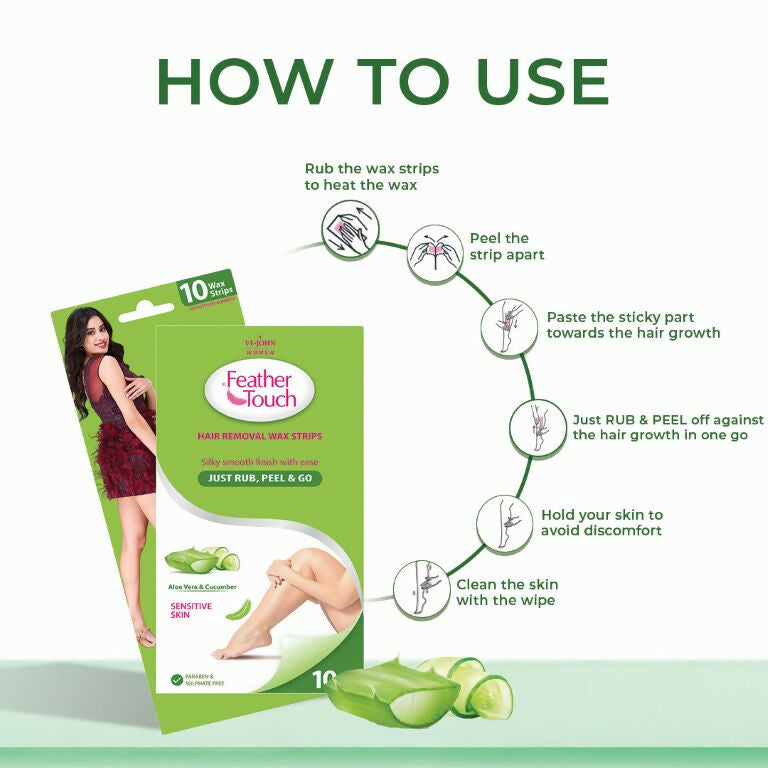 VI-JOHN Feather Touch Cucumber & Alevera Hair Removal Wax Strips for Dry Skin Praraben & Sulphate Free - Distacart