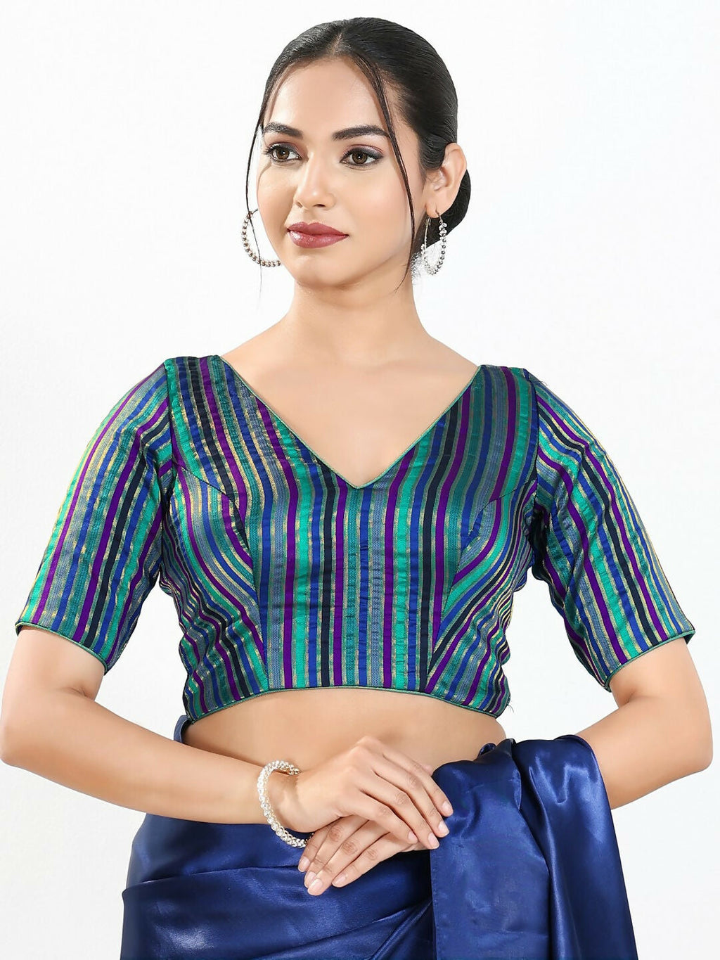 Joban Fashion Blue Multi Brocade Padded Blouse With V Neck Elbow Sleeves - Distacart