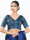 Joban Fashion Blue Multi Brocade Padded Blouse With V Neck Elbow Sleeves - Distacart