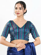 Joban Fashion Blue Multi Brocade Padded Blouse With V Neck Elbow Sleeves - Distacart