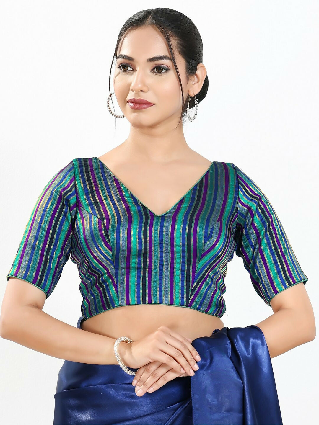 Joban Fashion Blue Multi Brocade Padded Blouse With V Neck Elbow Sleeves - Distacart