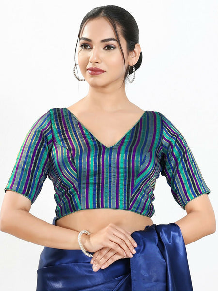 Joban Fashion Blue Multi Brocade Padded Blouse With V Neck Elbow Sleeves