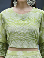 Juniper Green Santoon Slub Festive Foil Print Straight Lehnga Choli Set For Women - Distacart
