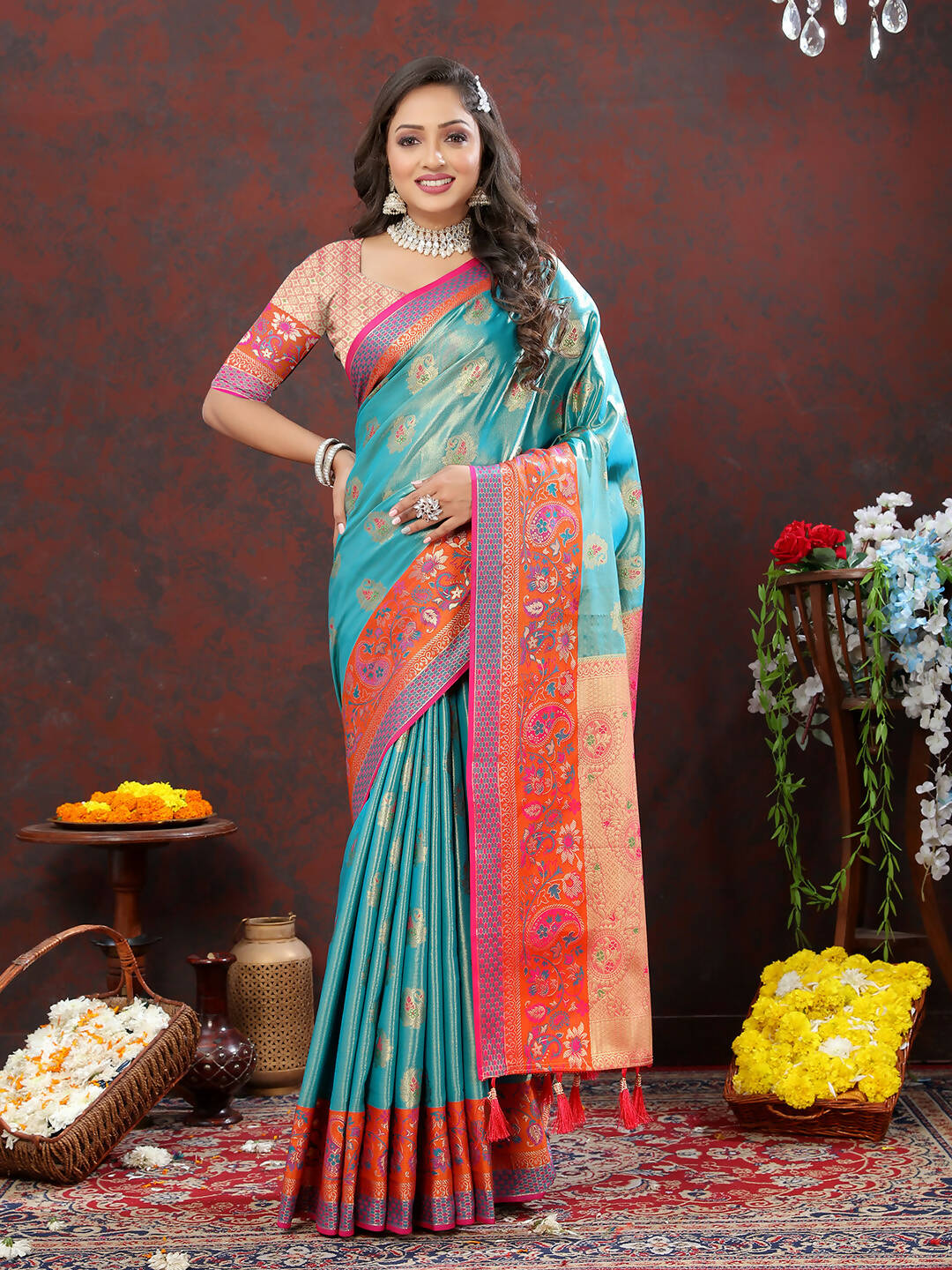 Lorenvalley Fashion Skyblue Kanjivaram Silk Woven Design with Zari Weaving Saree