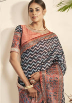 Blue Bhagalpuri Silk Stripe printed with Stone Work & Hand Work Saree - Norita Nirvi