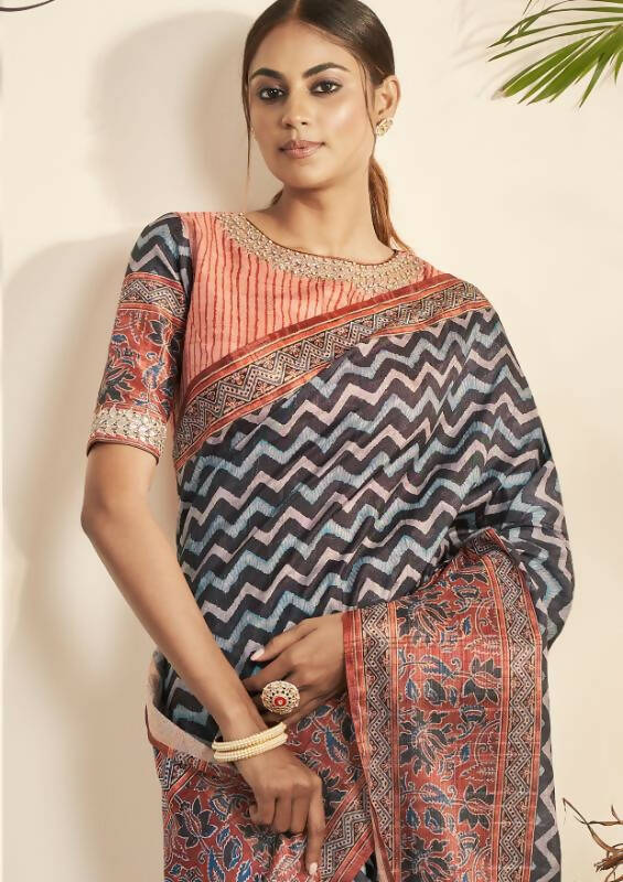 Blue Bhagalpuri Silk Stripe printed with Stone Work & Hand Work Saree - Norita Nirvi