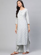 Yufta Grey and White Printed Kurta With Palazzo and Dupatta Set