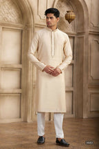 Raivat Ethnic Banarasi Art Silk Mirror Work Kurta Pajama In Beige Colour