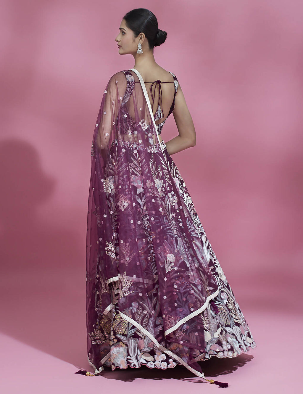 House of Panchhi Burgundy Net Sequinse Work Lehenga & Blouse with Dupatta