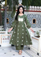 Miravan Women's Moti And Chikan Embroidered Bandhani Printed A-Line Mehandi Kurta Palazzo Set