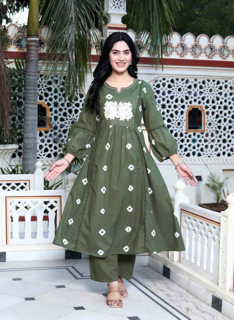 Miravan Women's Moti And Chikan Embroidered Bandhani Printed A-Line Mehandi Kurta Palazzo Set