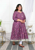 Miravan Women's Plus Size Cotton Gota Patti And Lace Border Details Floral Printed Purple Anarkali Kurta