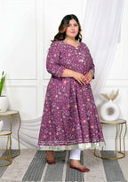 Miravan Women's Plus Size Cotton Gota Patti And Lace Border Details Floral Printed Purple Anarkali Kurta