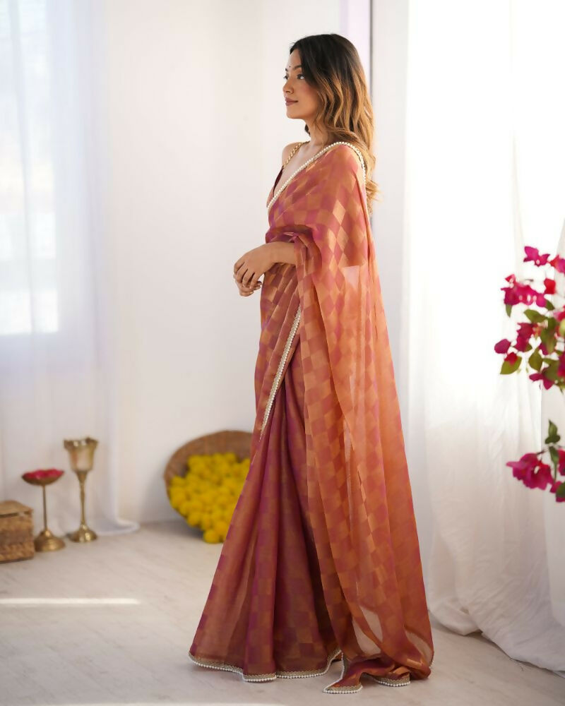 NC Chiffon Chex Wevon Chex Designer, Lace Party Wear Saree - Rust