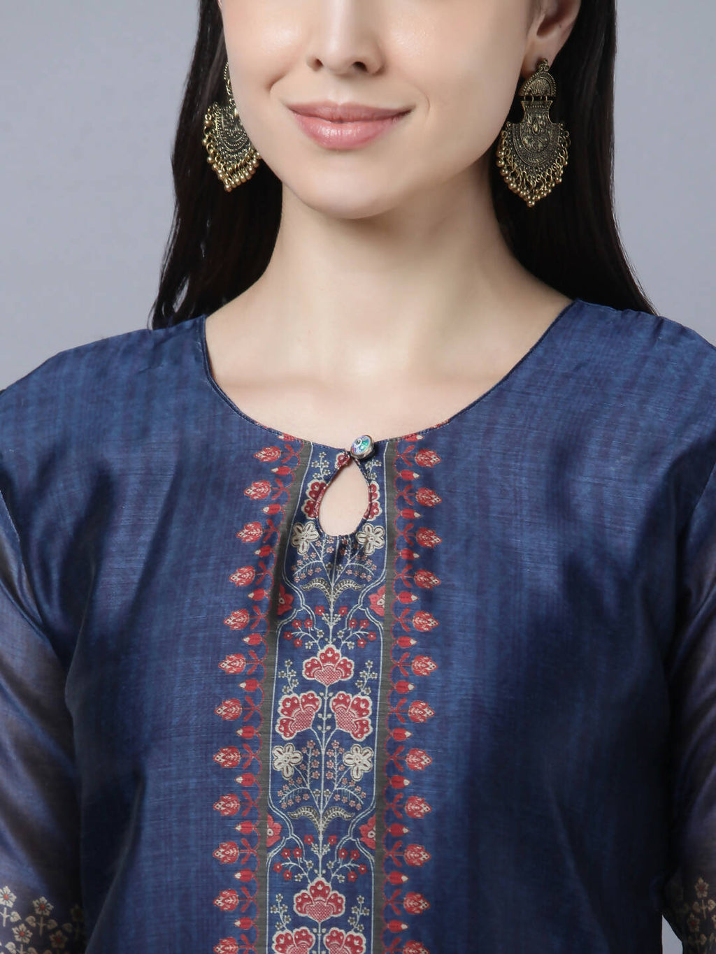 Myshka Women Navy Blue Ethnic Motifs Printed Keyhole Neck Chanderi Silk Kurta - Distacart
