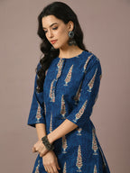 Myshka Women's Blue Printed Cotton Round Neck Party Tunic With Trousers Co-ord set