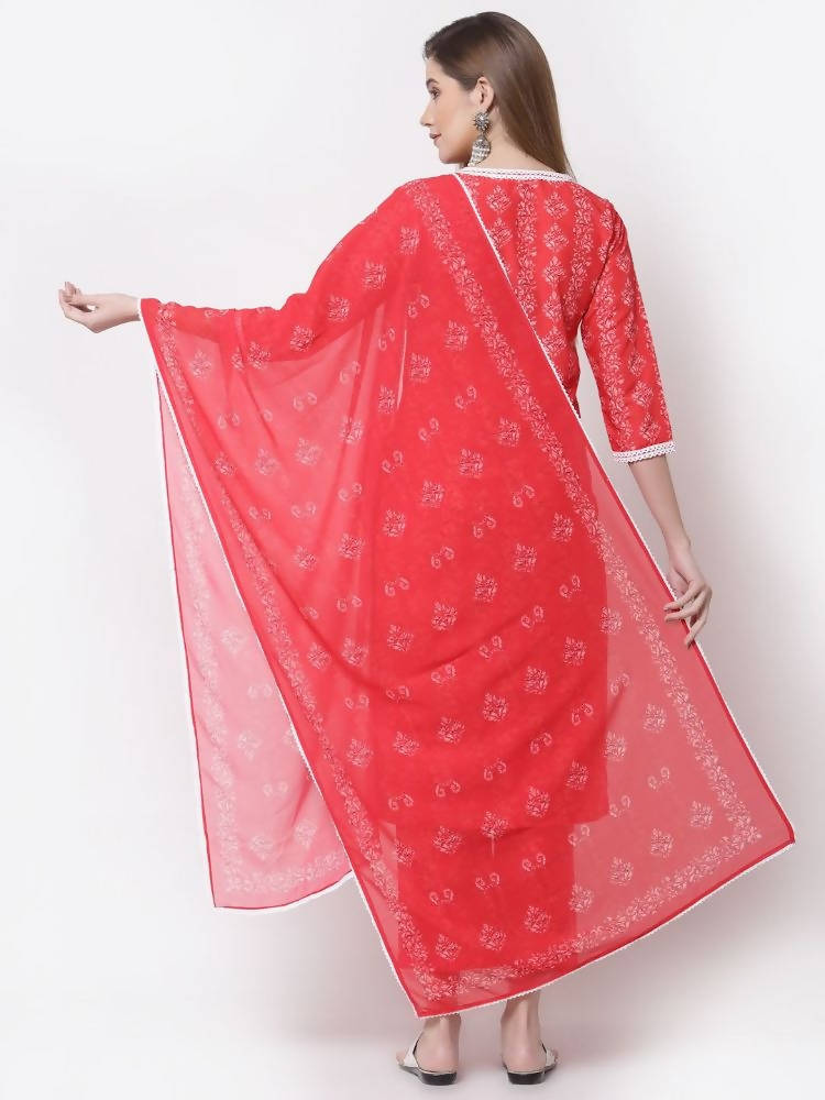 Myshka Red Color Cotton Printed Kurta With Pant Dupatta Set