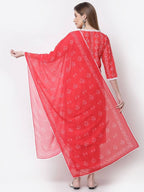 Myshka Red Color Cotton Printed Kurta With Pant Dupatta Set