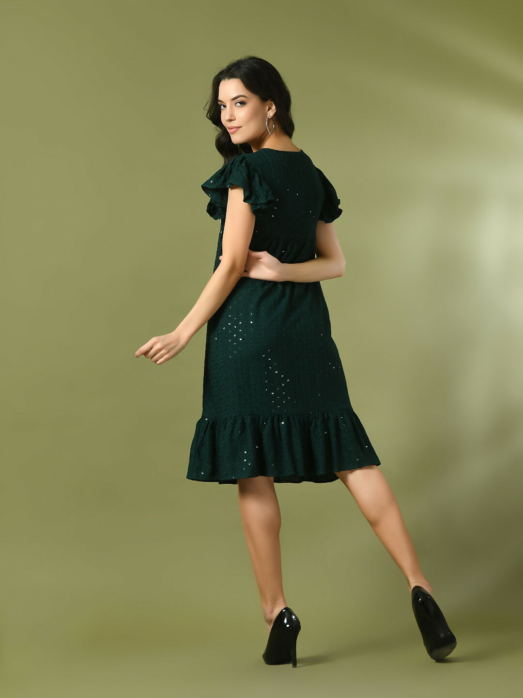 Myshka Women's Green Embroidered Cotton Round Neck A-Line Party Dress - Distacart