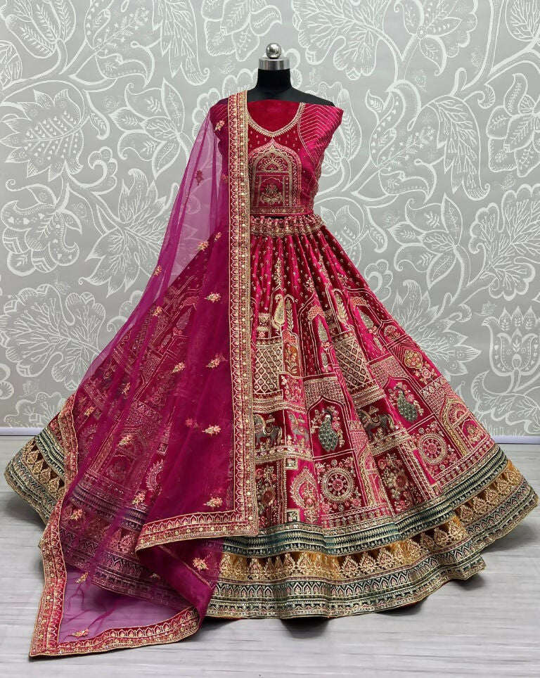 Jyoti Fashion Women's Rani Pink Velvet Fancy Dori & Sequins with Multi Thread Embroidered with Diamond Work Wedding Lehenga Choli