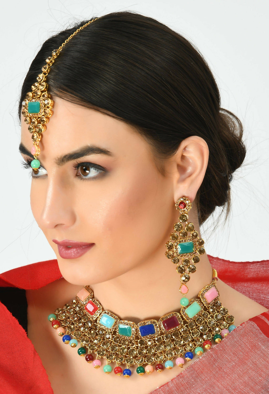 Mominos Fashion Johar Kamal Gold-Plated Rajwadi Design Heavy Multi Color Necklace Set For Women - Distacart