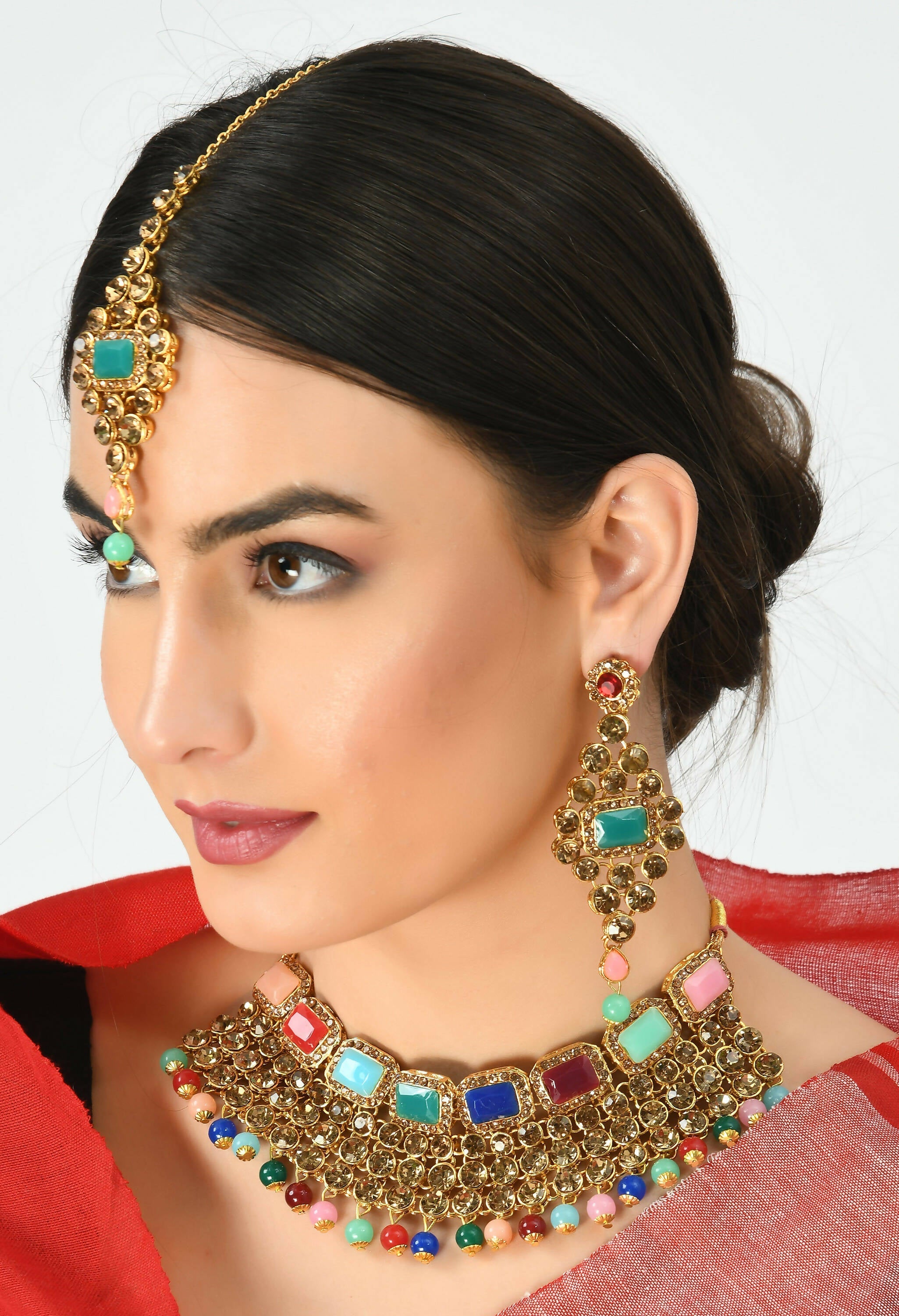 Mominos Fashion Johar Kamal Gold-Plated Rajwadi Design Heavy Multi Color Necklace Set For Women - Distacart