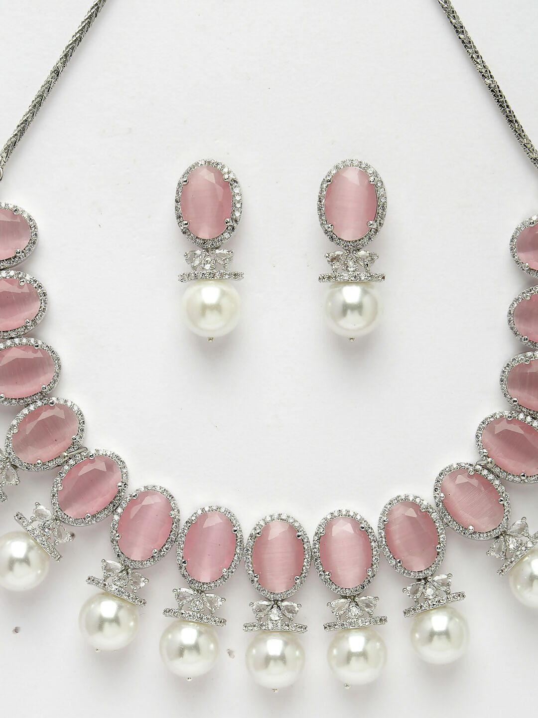 NVR Women's Silver-Plated Pink American Diamond Studded Handcrafted Jewellery Set