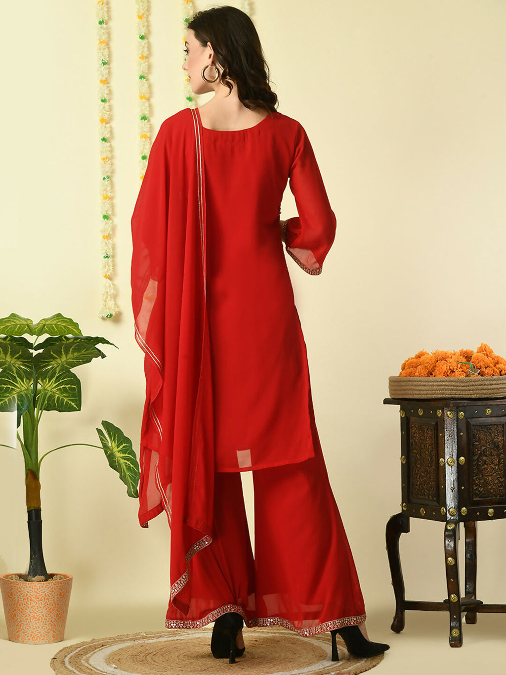 Myshka Women's Red Georgette Kurta & Palazzos With Dupatta Party Sets