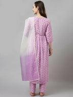 FIORRA Women's Lavender Lurex Cotton Flared Kurta Pant With Dupatta