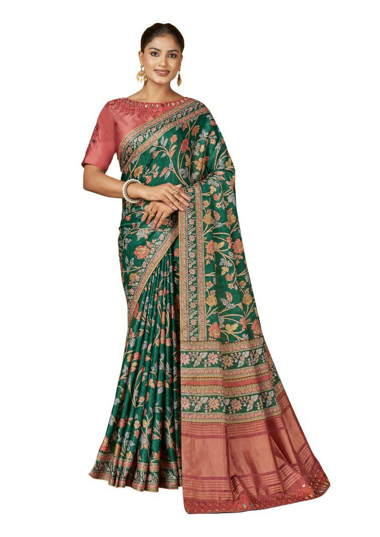 Green Gajji Silk Floral Print with Hand Mirror work Border Saree - Norita Nirvi